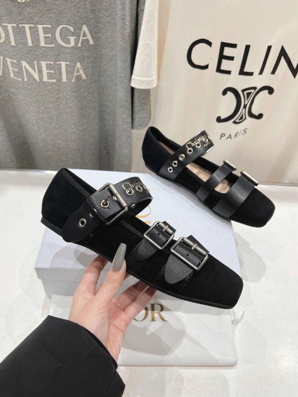 2025 Women Dior Black Leather Suede Mary Jane Buckle KFY00300