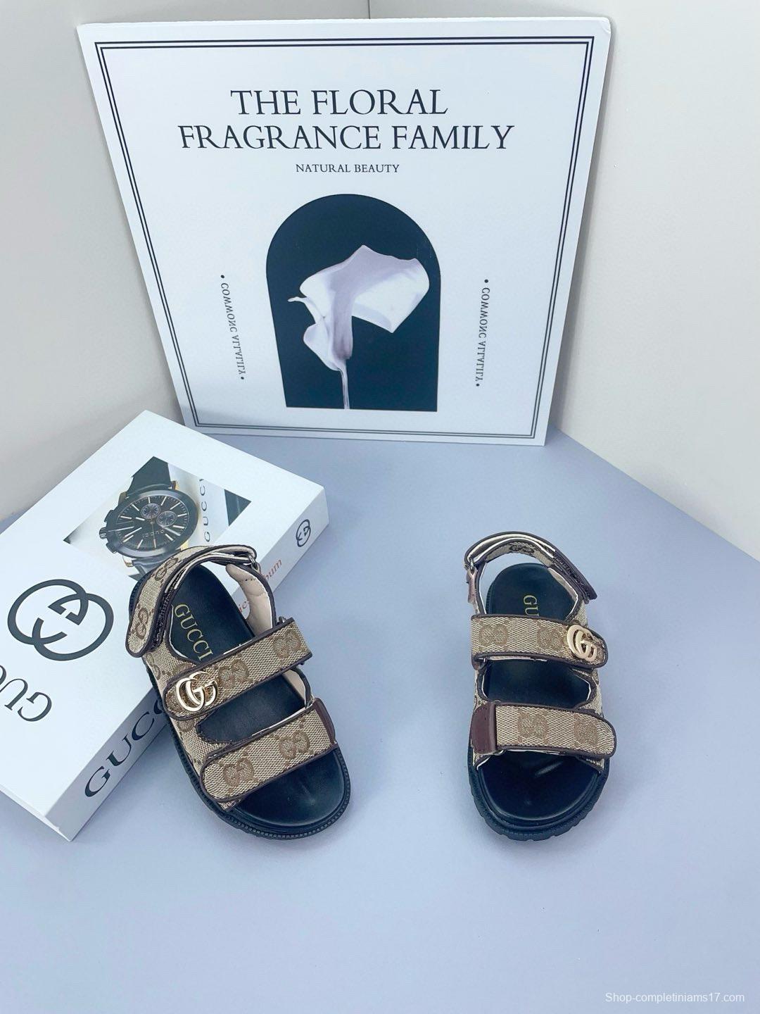 2025 Kids Gucci Black Brown Canvas Leather Sandals