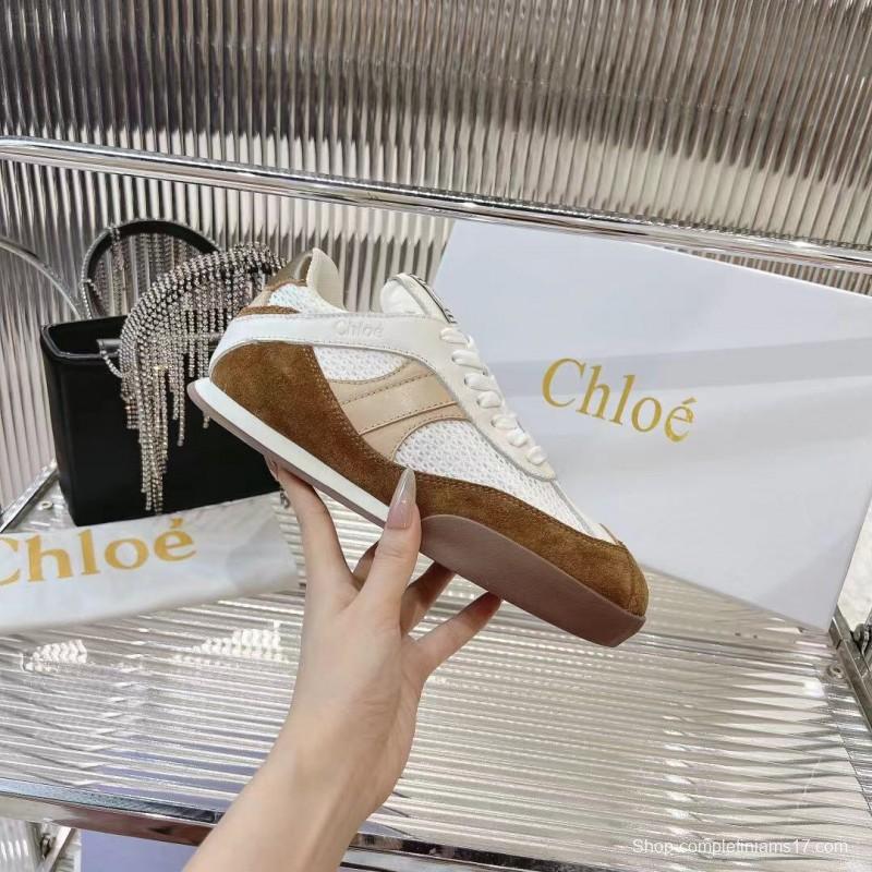 2025 Women Chloé White Brown Suede Leather Sneakers LY00280
