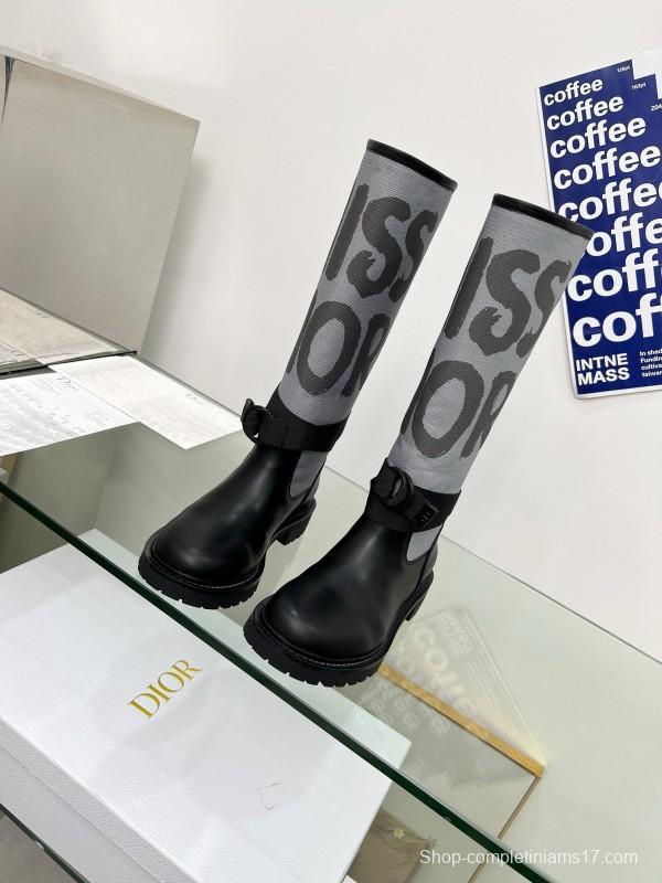 2024 Women Dior Black Grey Leather Fabric Knee High Boots
