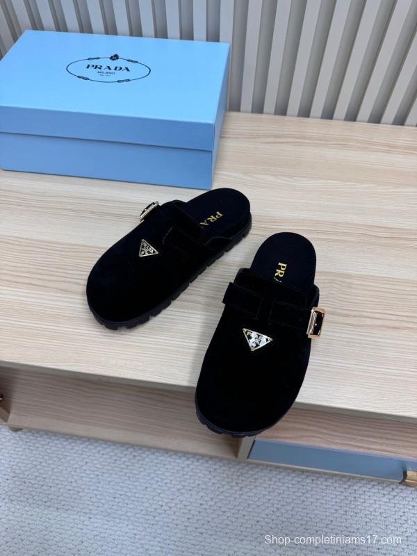 2025 Slippers Prada Black Suede Slippers LY00280