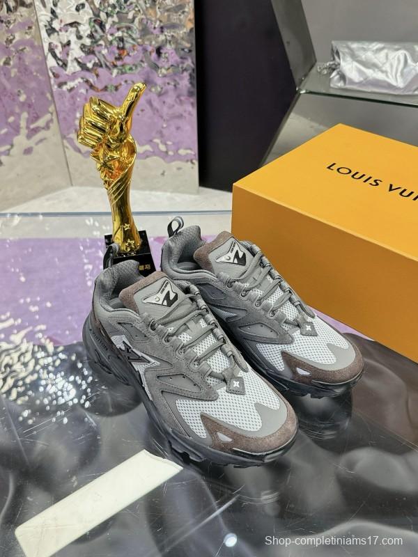 2025 Men Louis Vuitton Grey White Mesh Leather Sneakers MJ00420