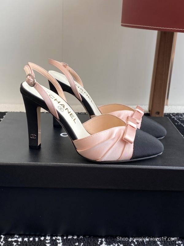 2025 Women Chanel Pink Black Satin Leather Slingback Heels KFY00289