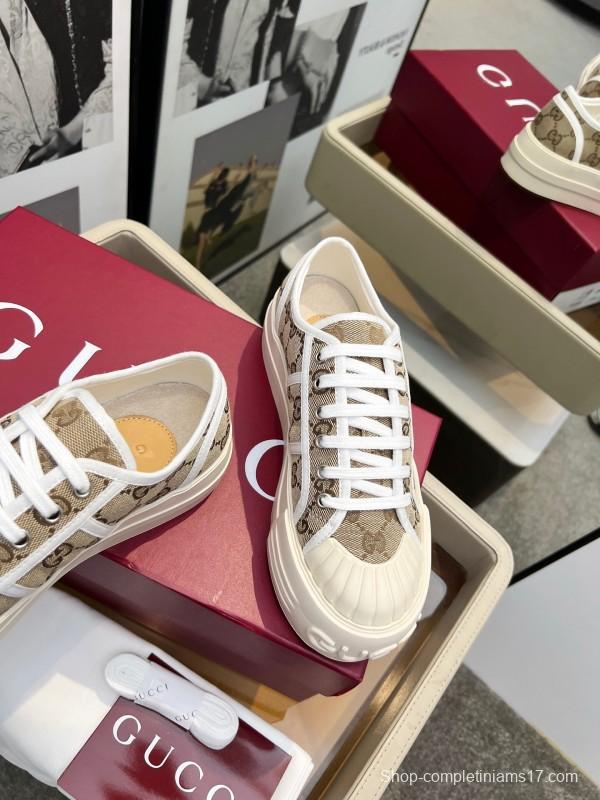 2025 Women Gucci Beige Brown Canvas Platform Sneakers Non-heritage Layered Stitching LY00270