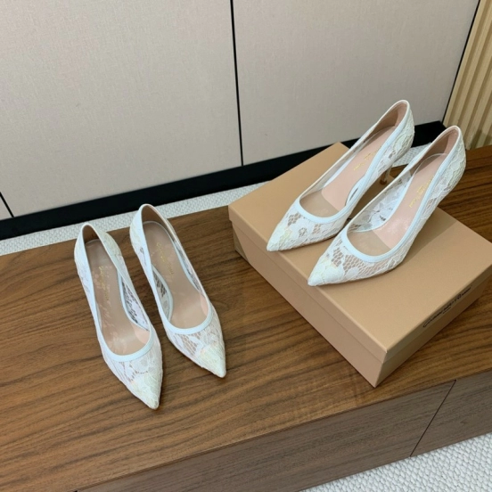 2025 Women Gianvito Rossi White Lace Leather Pumps KFY00280