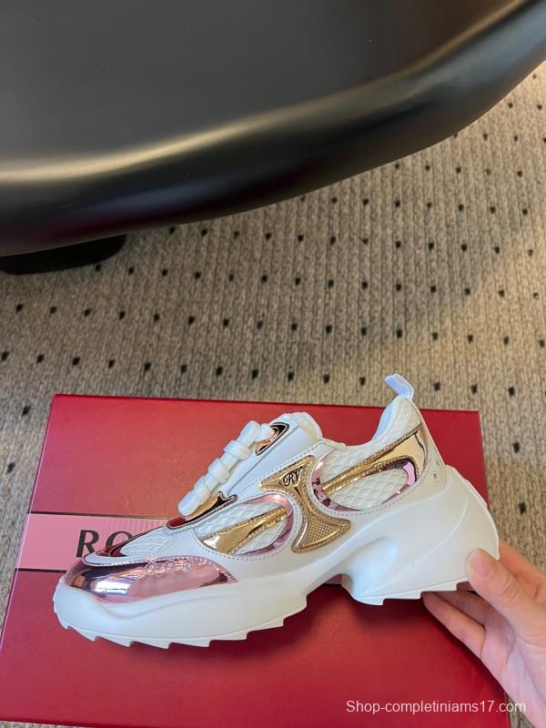 2025 Women Roger Vivier White Pink Leather Mesh Sneakers KFY00380