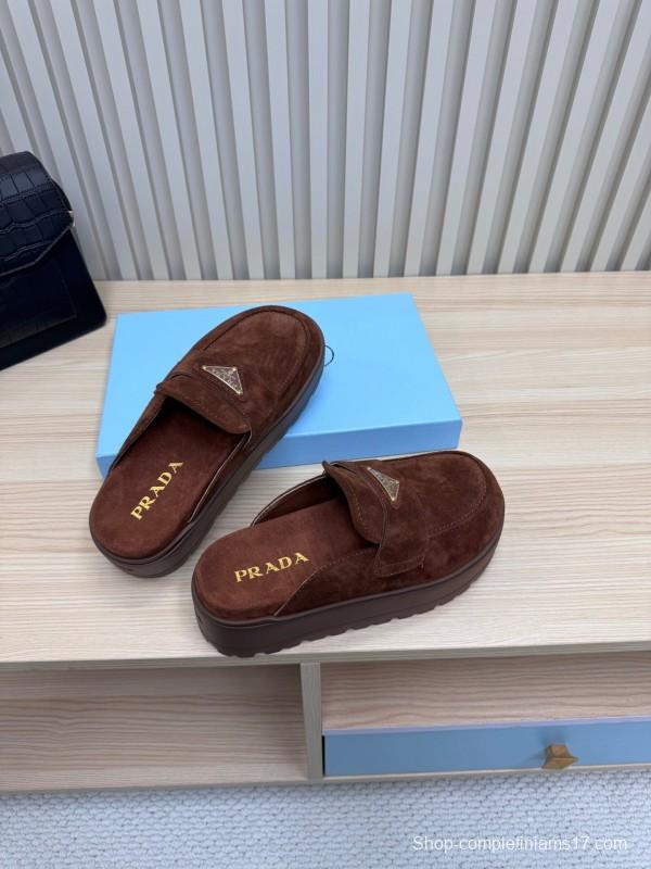 2025 Women Prada Brown Suede Platform Loafers