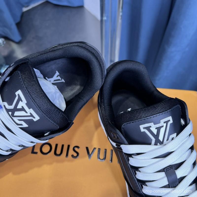 2025 Men Louis Vuitton Black White Leather LV Trainer