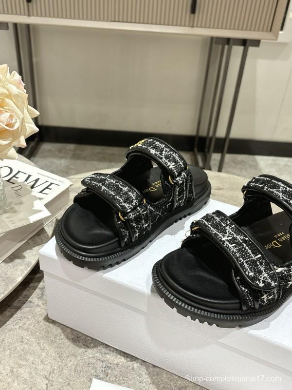 2025 Women Dior Black White Fabric Leather Sandals KFY00300