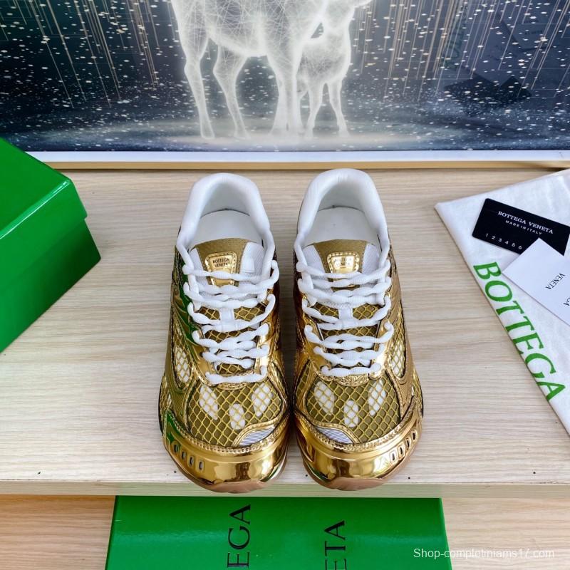 2025 Unisex Bottega Veneta Gold Lightweight Mesh Runner Sneakers Geometric Rubber Sole LY00310