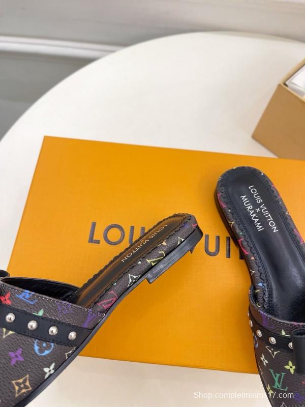2025 Slippers Louis Vuitton Black Leather Flat Bow MJ00290