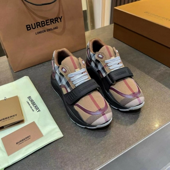 2025 Unisex Burberry Beige Black White Cotton Calfskin Suede Sneakers Vintage Pattern MJ00360(F)