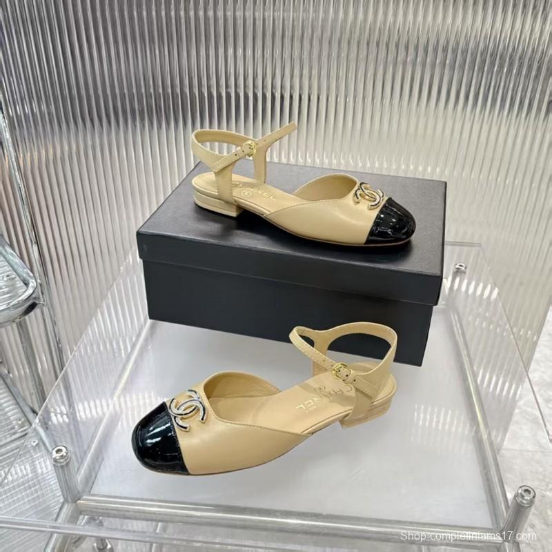 2025 Women Chanel Beige Black Leather Slingback Flat Sandals LY00260
