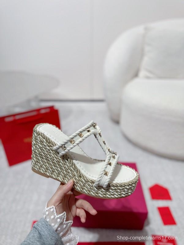 2025 Women Valentino White Leather Wedge Sandals Studs LY00290