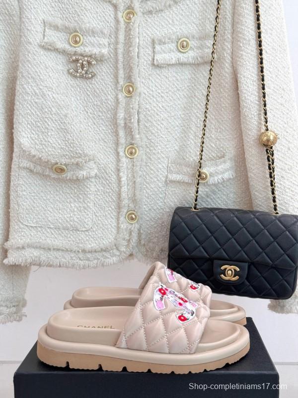 2025 Slippers Chanel Beige Silk Floral Pattern