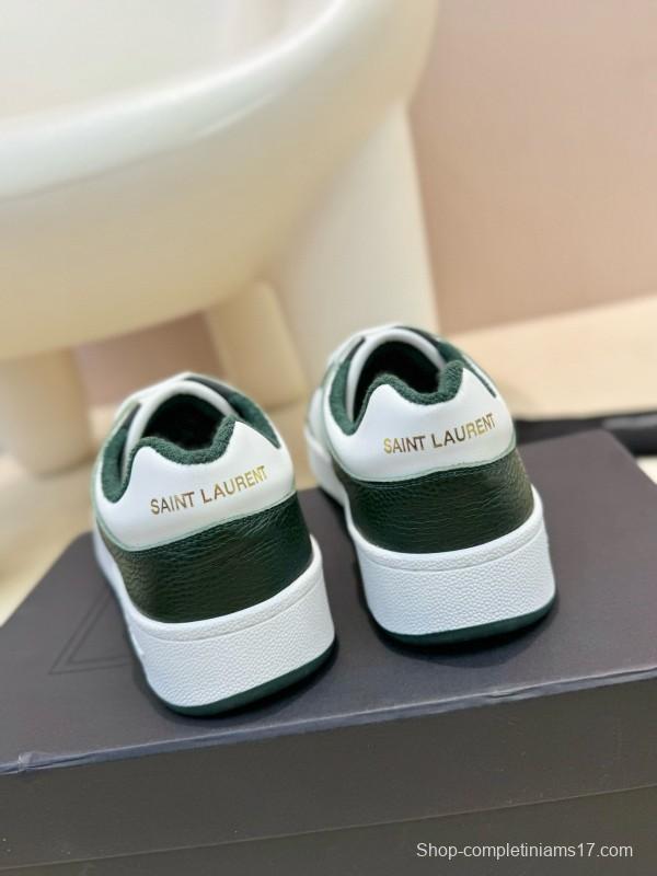 2024 Unisex Yves Saint Laurent White Dark Green Leather Silk Cowhide SL61 Casual Shoes Perforation MJ00350