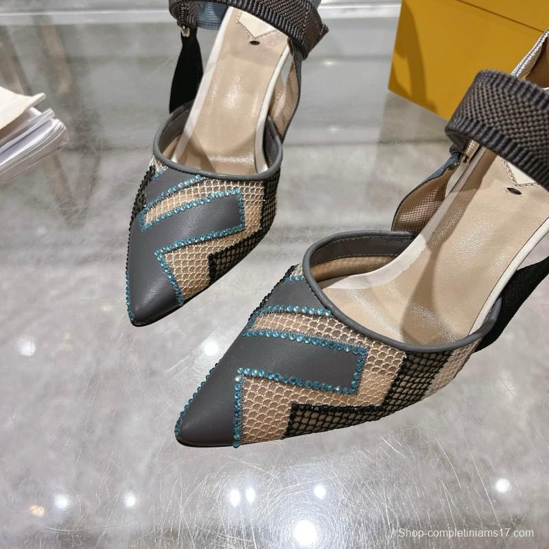 2025 Women Fendi Grey Blue Black Leather Mesh High Heels