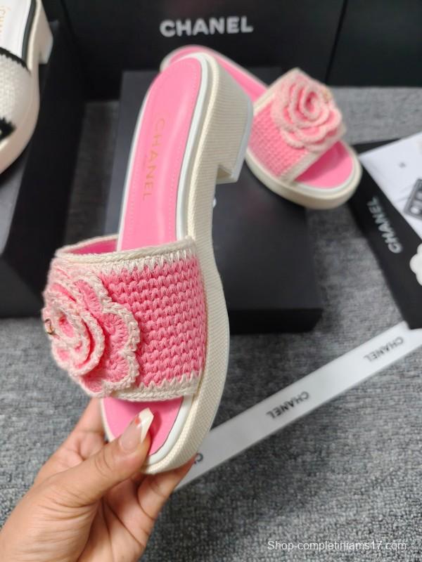 2025 Slippers Chanel Pink Straw Slide Floral LY00360