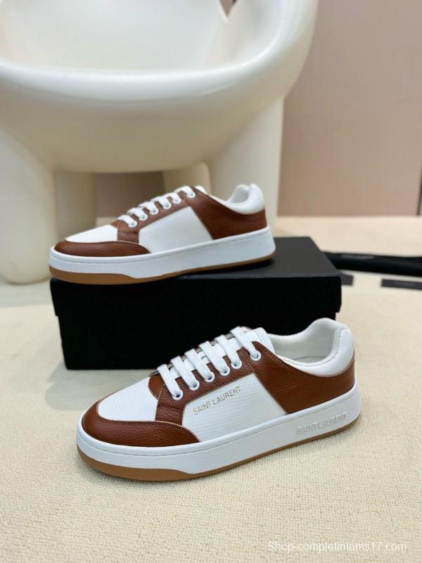 2024 Unisex Yves Saint Laurent White Brown Leather Canvas Sneakers MJ00350
