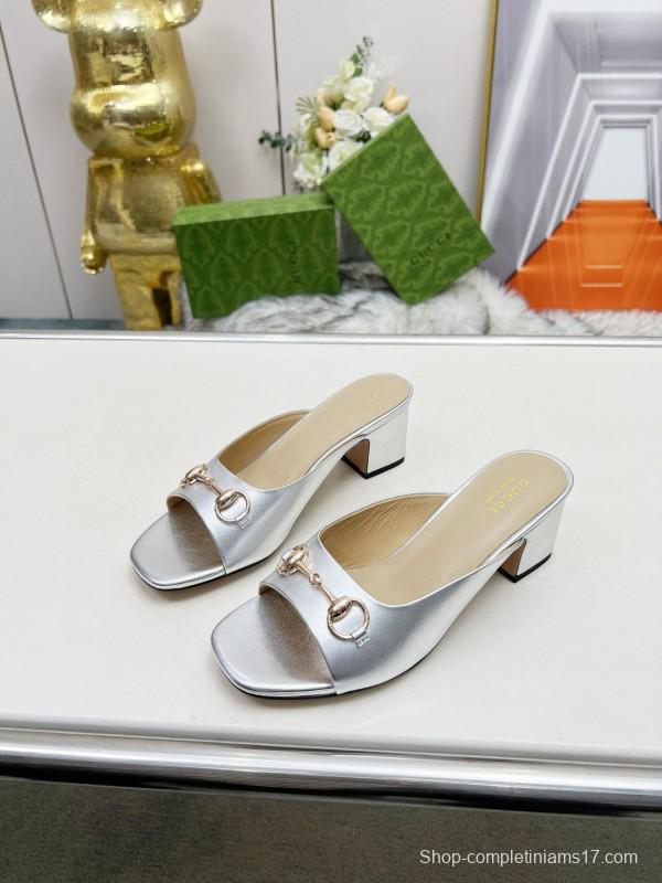 2025 Women Gucci Silver Leather Mules Horsebit MJ00180