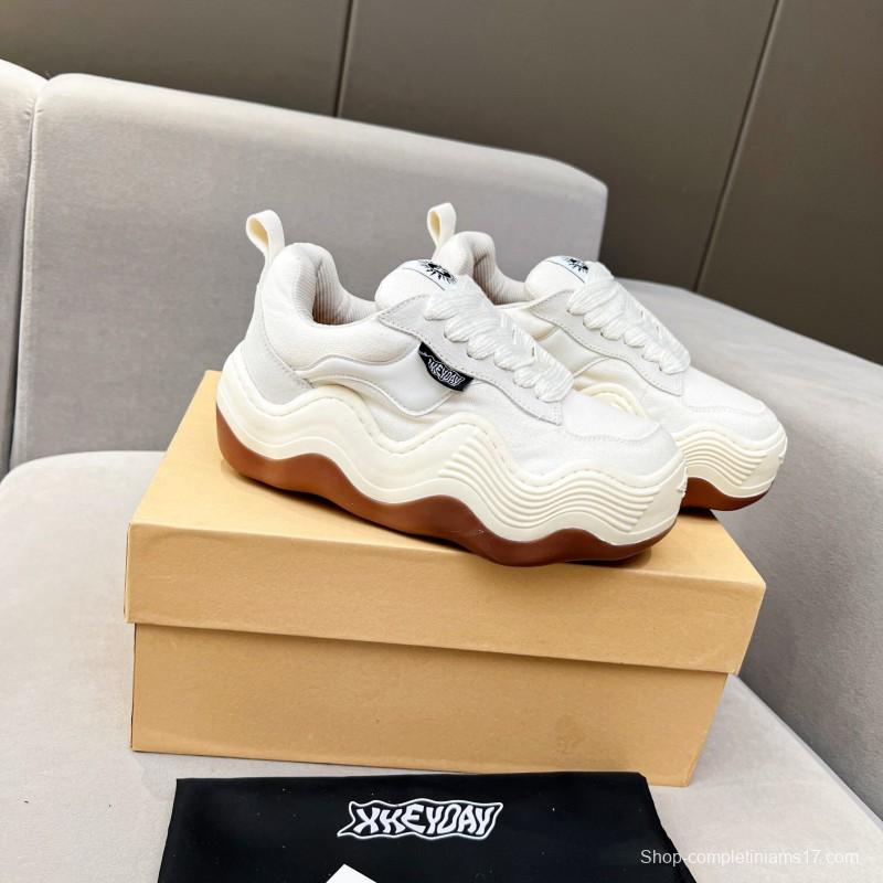 2025 Unisex HEYDAY White Brown Canvas Leather Wave Sneakers KFY00260