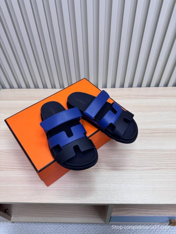 2025 Slippers Hermès Blue Black Leather Slippers