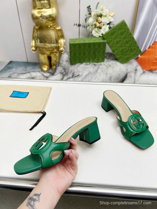 2025 Gucci Green Leather Slippers MJ00190/225