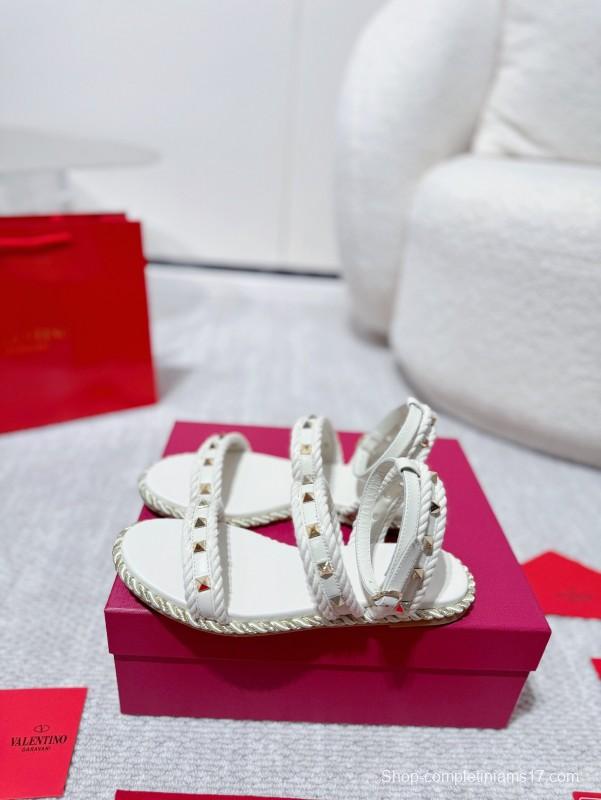 2025 Women Valentino White Leather Sandals Studded LY00250