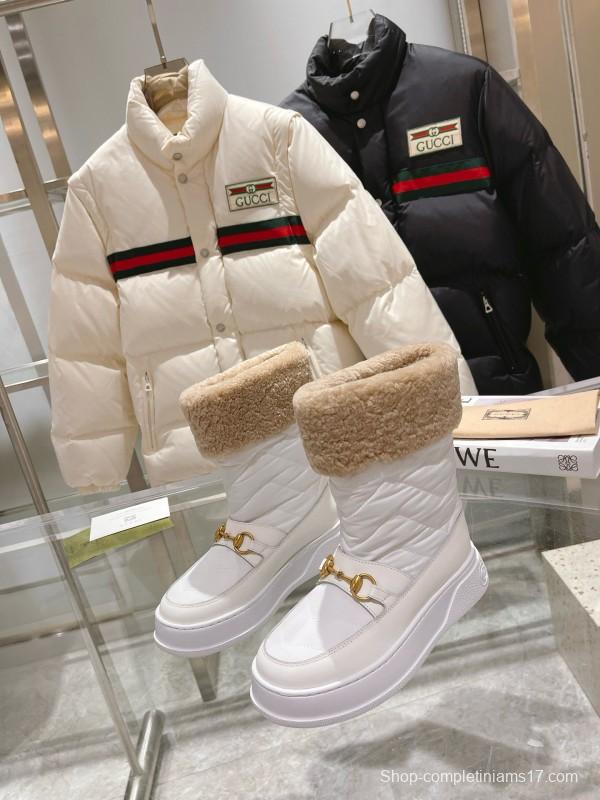 2024 Women Gucci White Sheepskin Snow Boots Gold Hardware