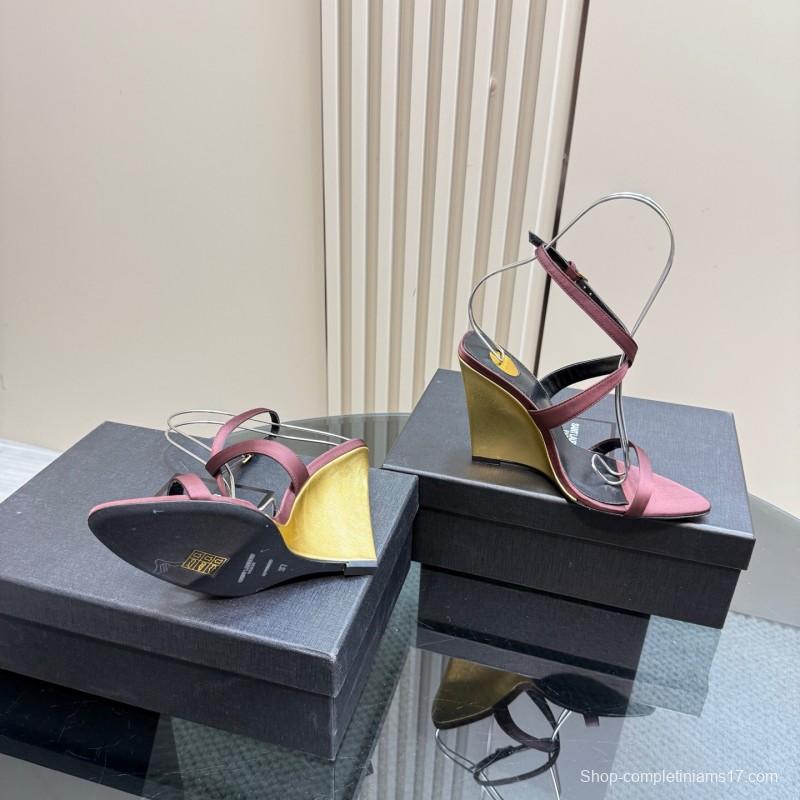 2025 Women Yves Saint Laurent Burgundy Suede Wedge Sandals Elegant Strappy Design KFY00290 (F)