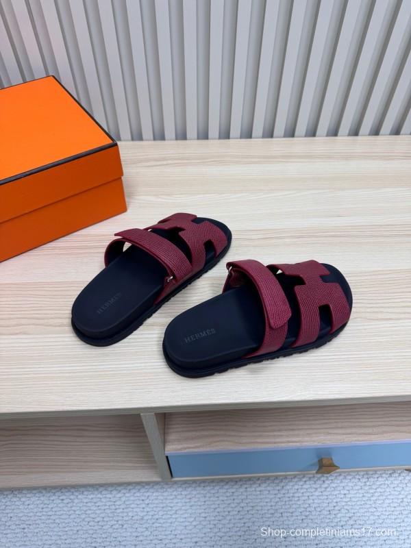 2025 Slippers Hermès Burgundy Black Leather Slide KFY00260