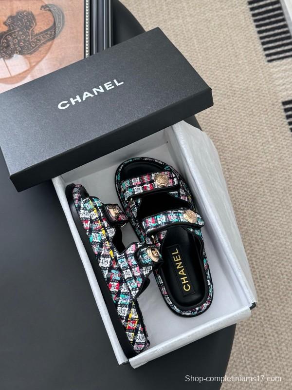 2025 Women Chanel Multi Color Fabric Leather Sandals LY00310