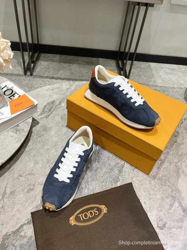 2025 Women TOD'S Navy Blue Brown Suede Leather Sneakers KFY00350