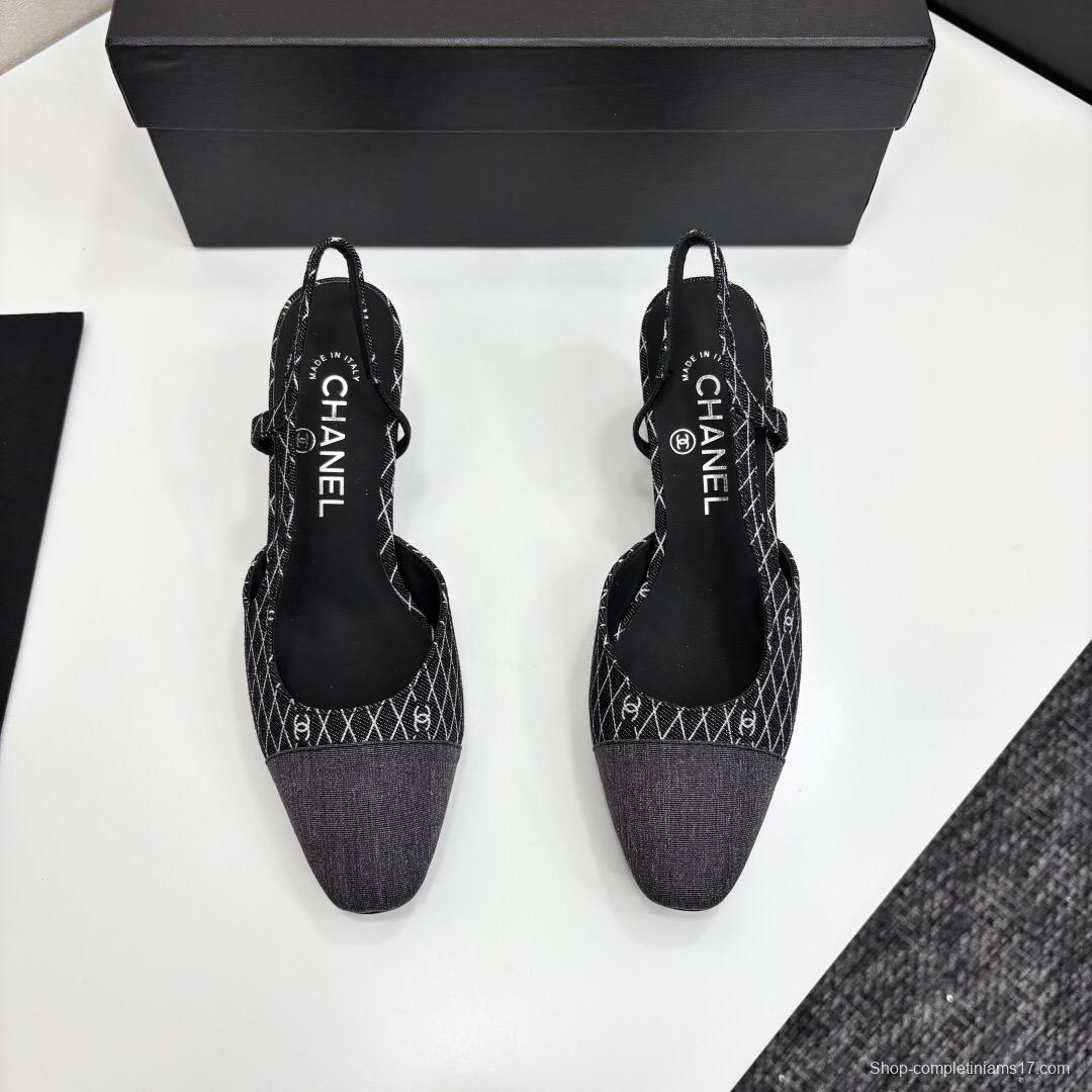 2025 Women Chanel Black White Fabric Slingback Heel LY00240