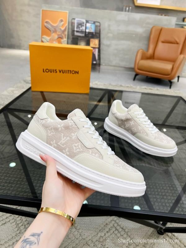 2024 Unisex Louis Vuitton Beige White Leather Mesh Sneakers MJ00400