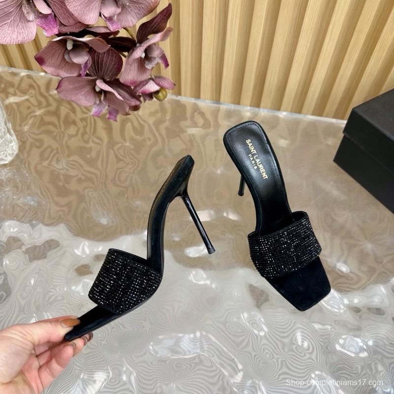 2025 Women Yves Saint Laurent Black Rhinestone Leather High Heel Sandals MJ00300