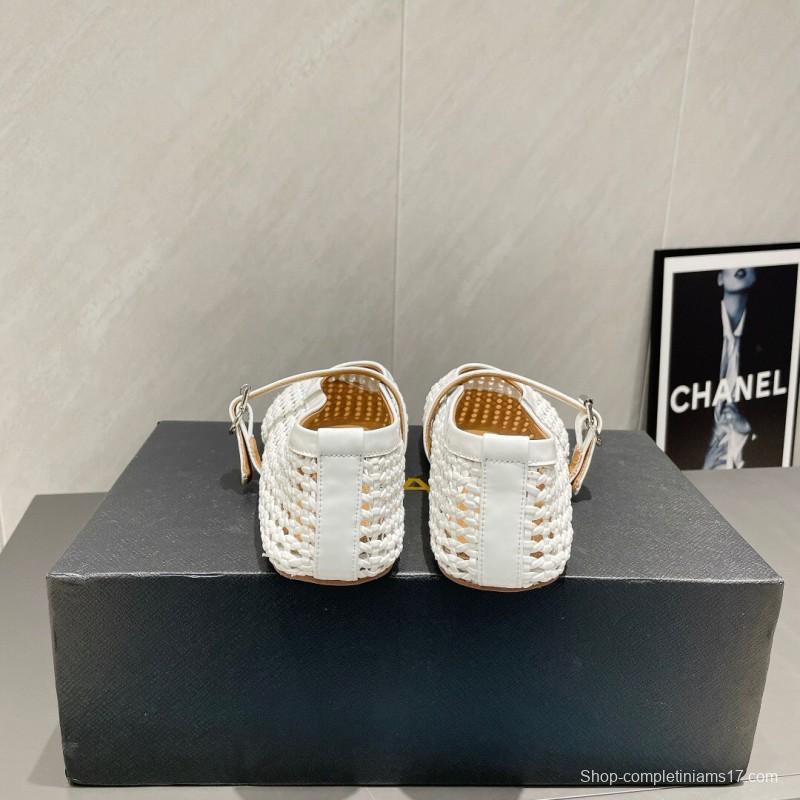 2025 Women Alaïa White Woven Leather Flat Mary Jane Shoes LY00360(F)