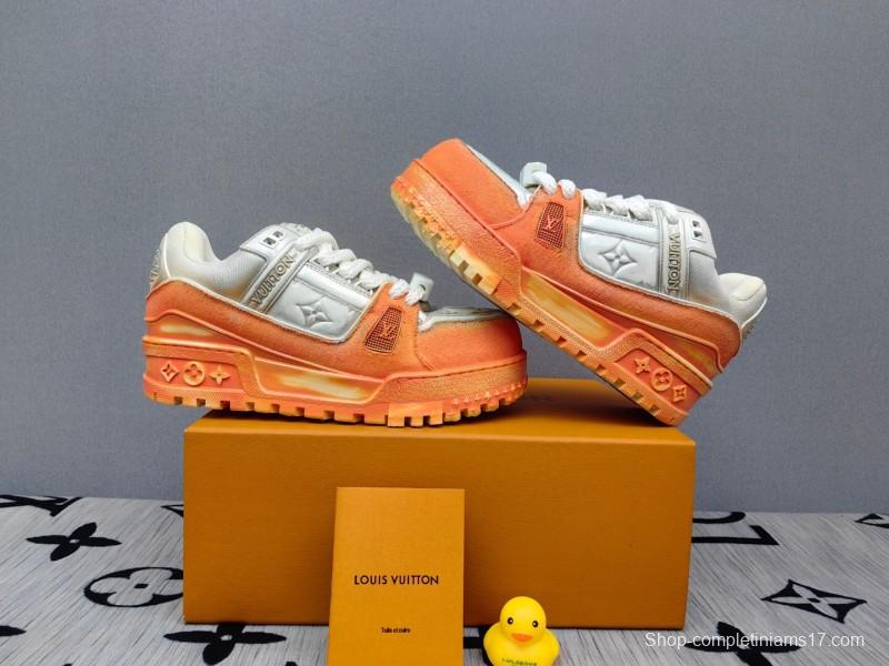 2025 Unisex Louis Vuitton Orange White Denim Leather Plimsolls Complex Wash KFY00510