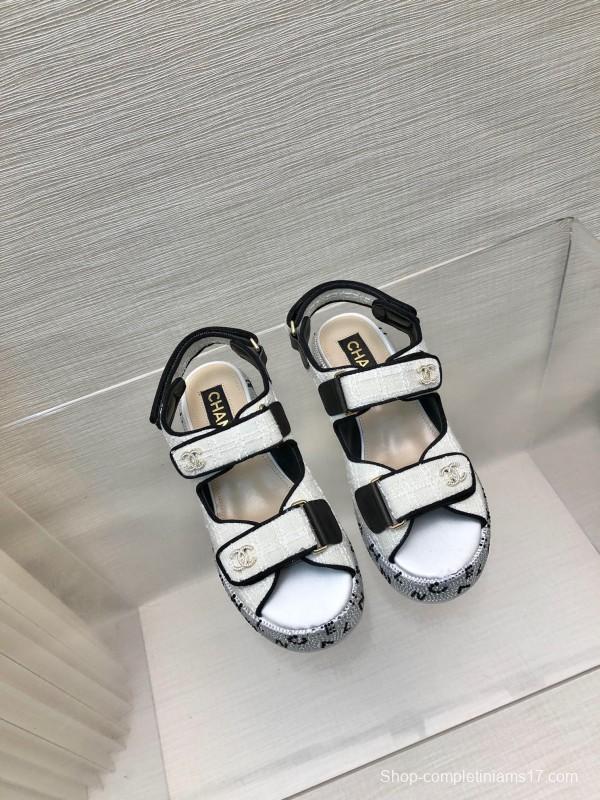 2025 Women Chanel White Black Leather Sandals Platform LY00330
