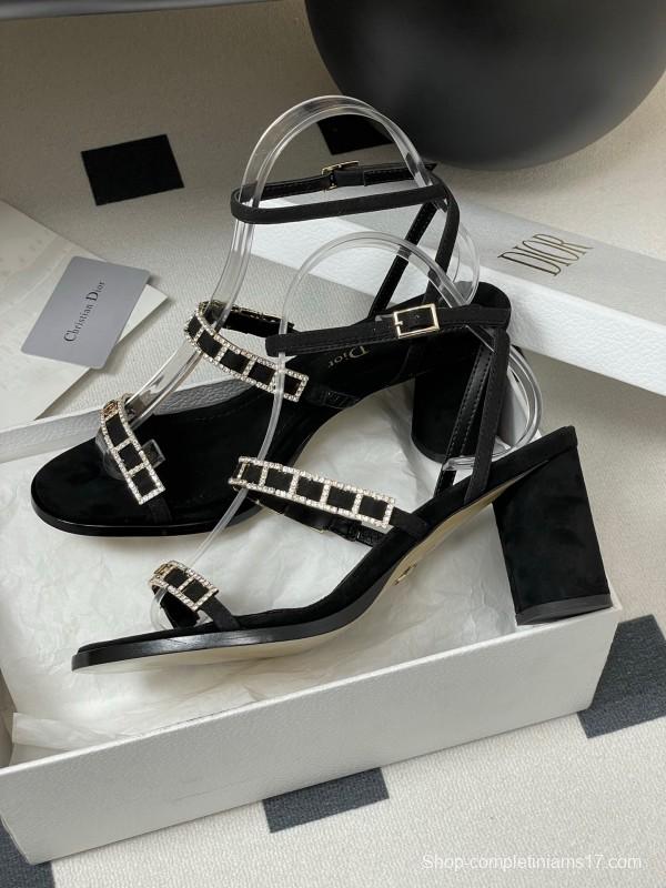 2025 Women Dior Black Suede Crystal Embellished Strap Sandals