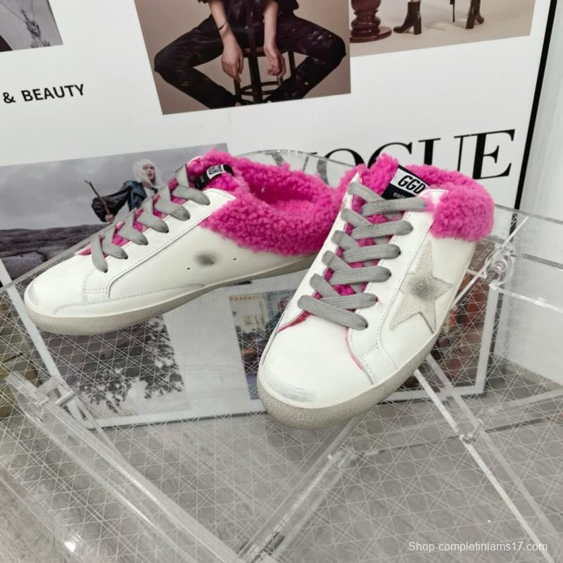 2025 Women GGDB White Pink Shearling Leather Sneakers