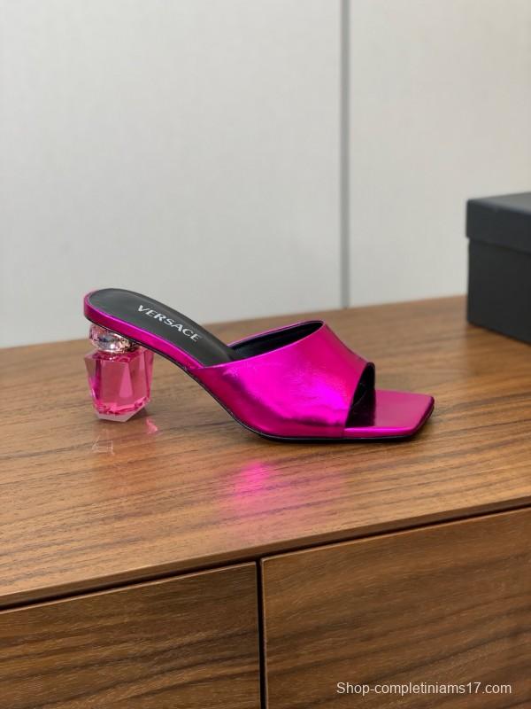 2025 Women VERSACE Pink Leather Slippers