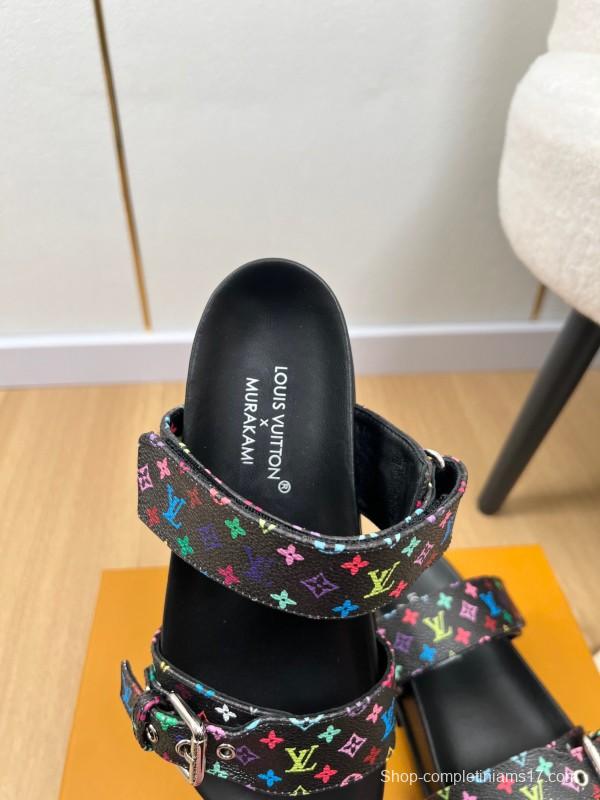 2025 Women Louis Vuitton Black Rainbow Canvas Slippers KFY00280