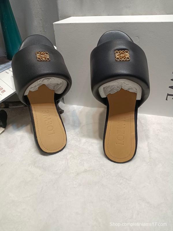 2025 Women Loewe Black Leather Slippers LY00000