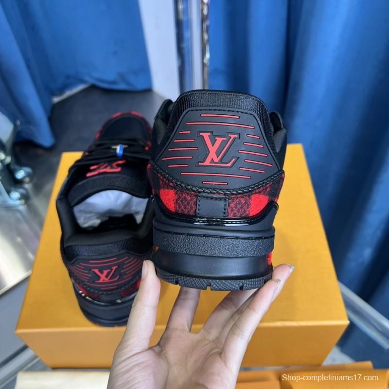 2025 Unisex Louis Vuitton Black Red Leather Sneakers