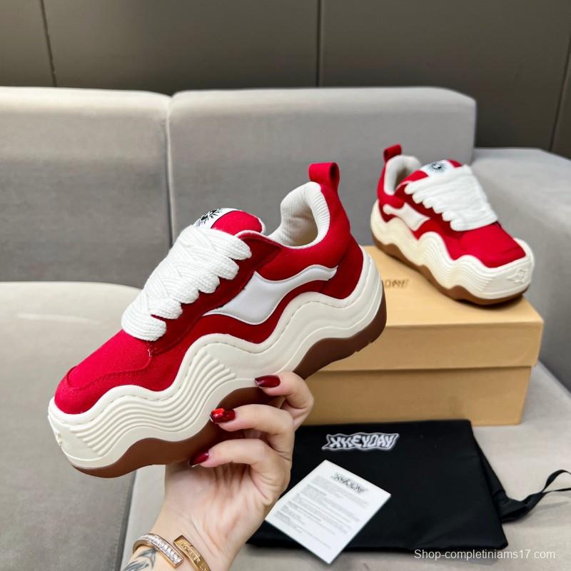 2025 Women HEYDAY Red White Canvas Leather Wave Sneakers