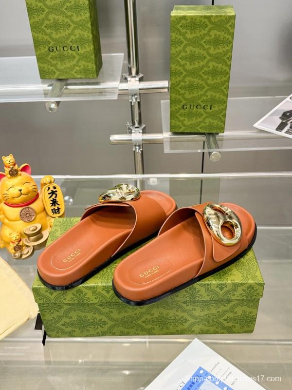2025 Gucci Brown Leather Slippers