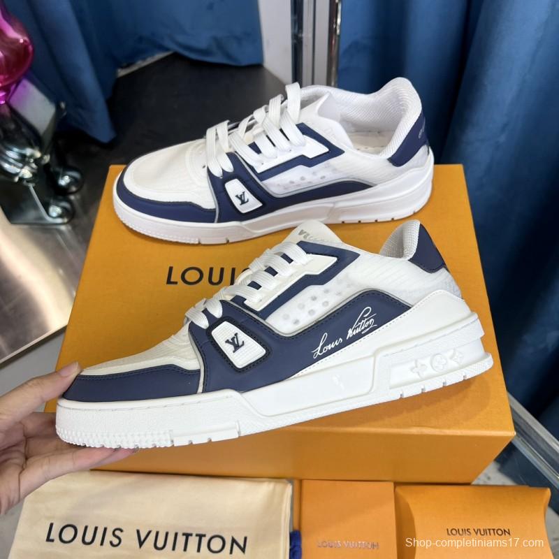 2025 Unisex Louis Vuitton White Navy Leather Sneakers