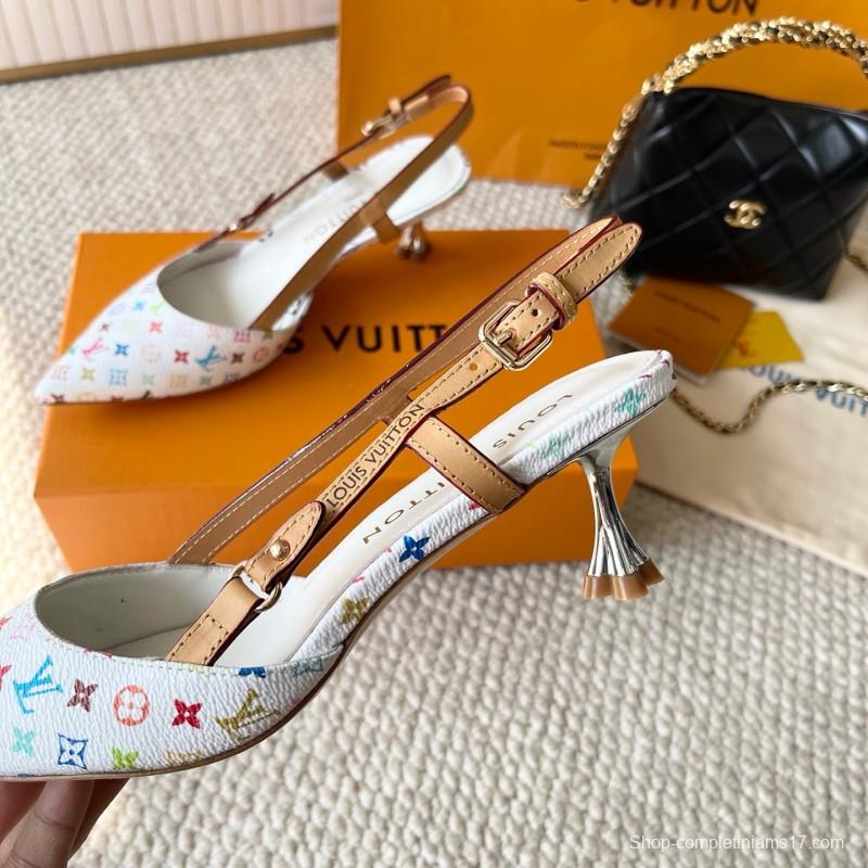 2025 Women Louis Vuitton White Multicolor Leather Slingback Pumps