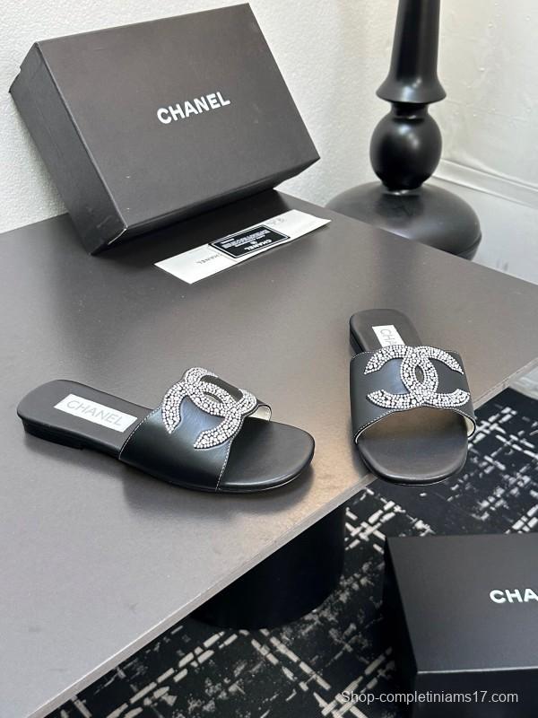 2025 Women Chanel Black Leather Rhinestone Logo Slide Sandals LY00360(F)